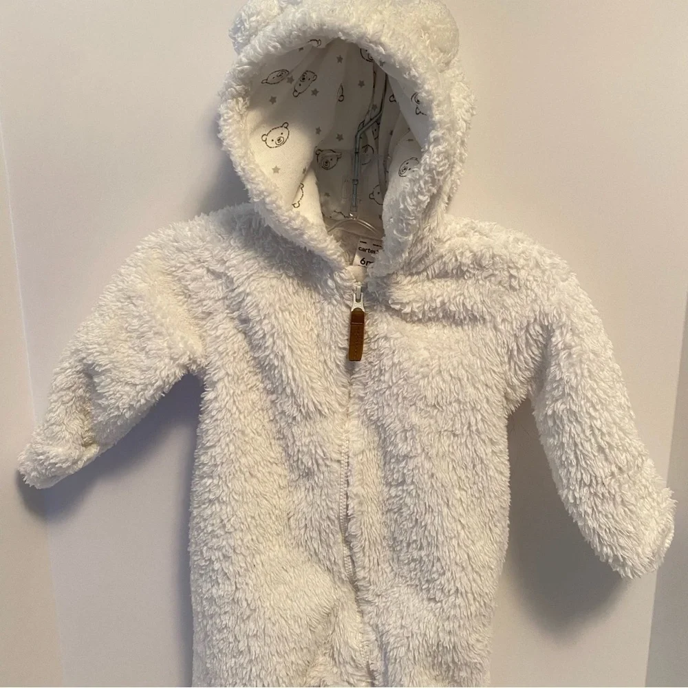 Carter's Baby Infant Serpa Zip-Up One-Piece Hooded Pram With Ears White 6 Months